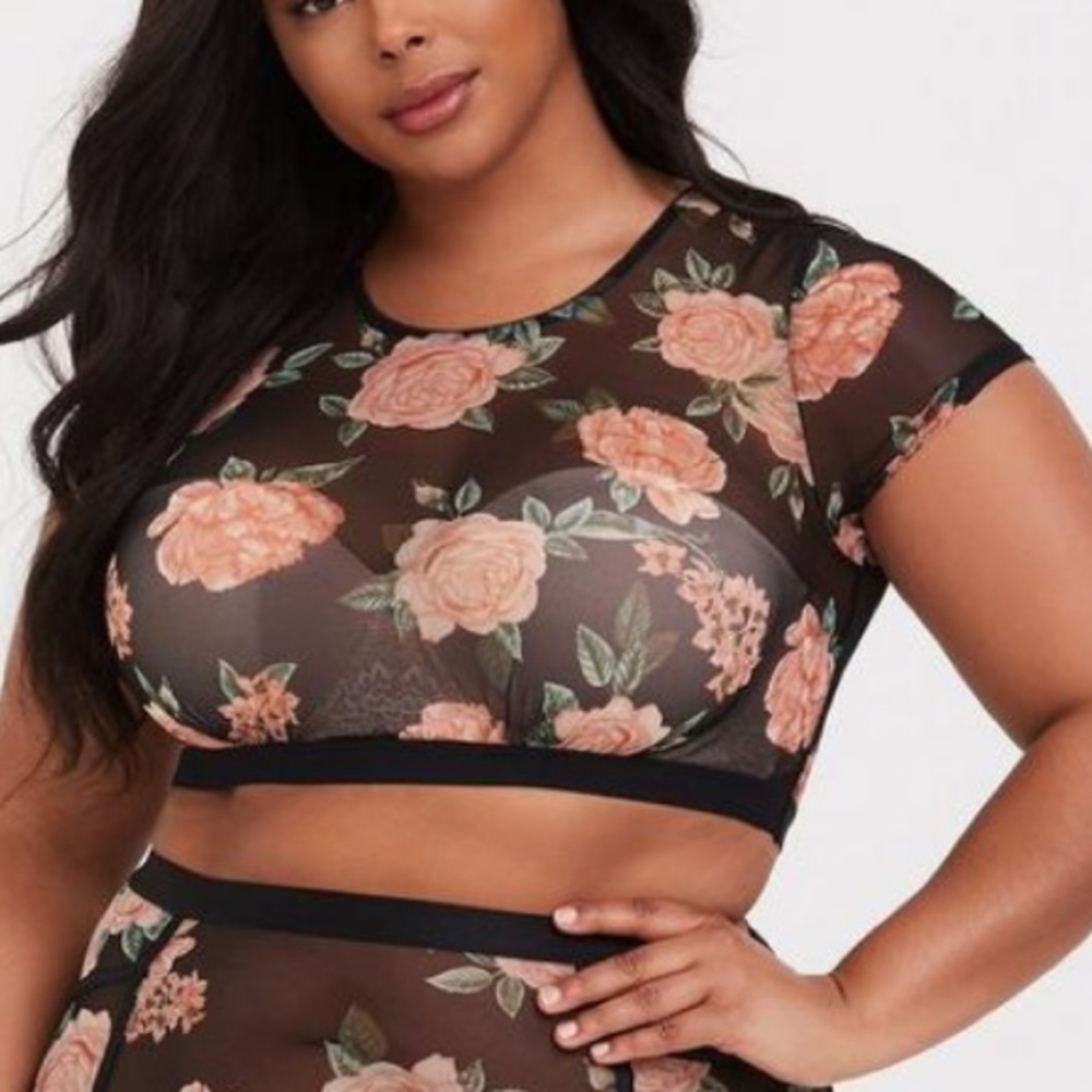 Torrid Sheer Mesh Under it All Floral Short Sleeve Under Layer Crop Top 2